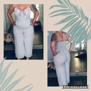 Blue and white striped jumpsuit